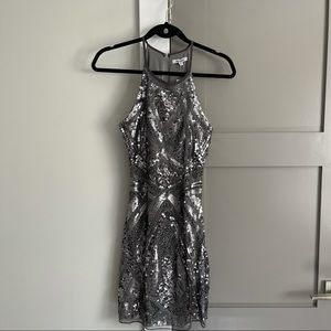 silver sequin mini halter dress